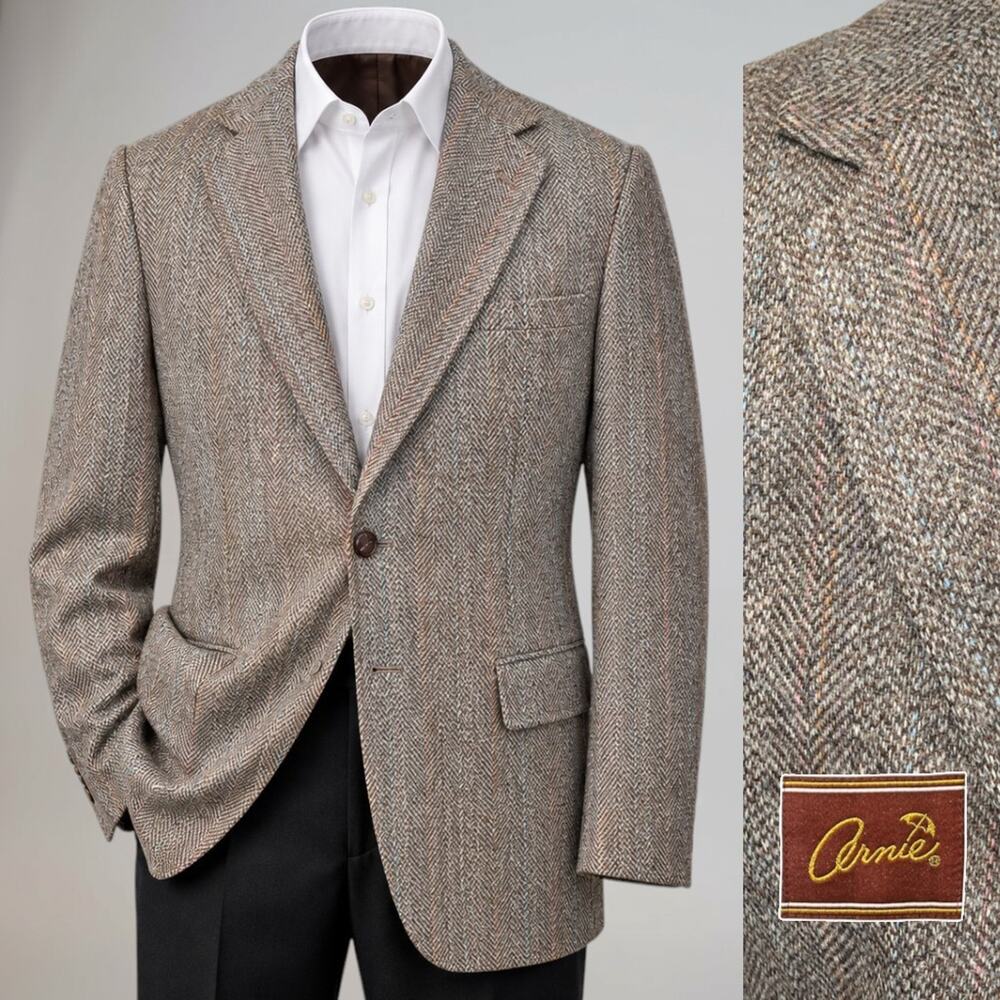 Vintage Arnie Tweed Herringbone 42L Taupe Sport Coat Blazer Half Lined